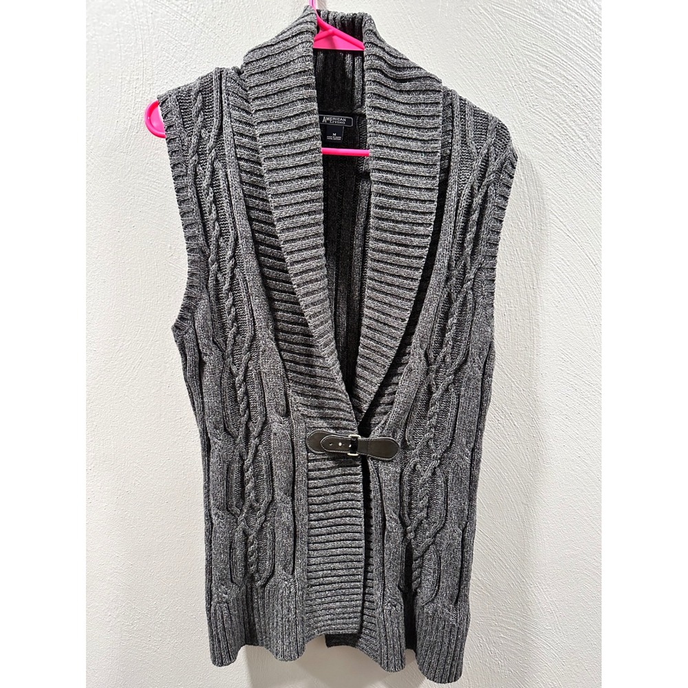 American Living Womens Gray Cable Knit Shawl Collar Buckle Cardigan Vest Medium